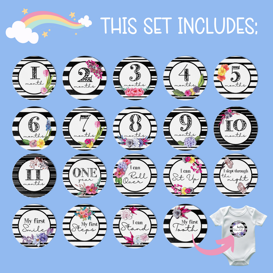 B&W Stripes and Flowers Milestone Stickers