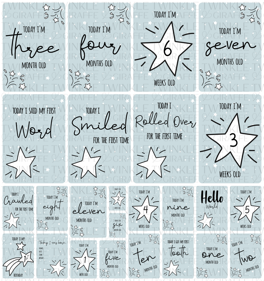 Blue Twinkle Stars Baby Milestone Cards Set of 25