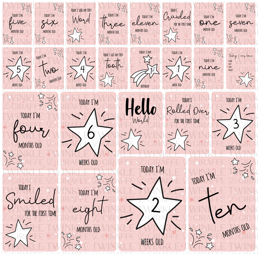 Pink Twinkle Stars Baby Milestone Cards - Set of 25