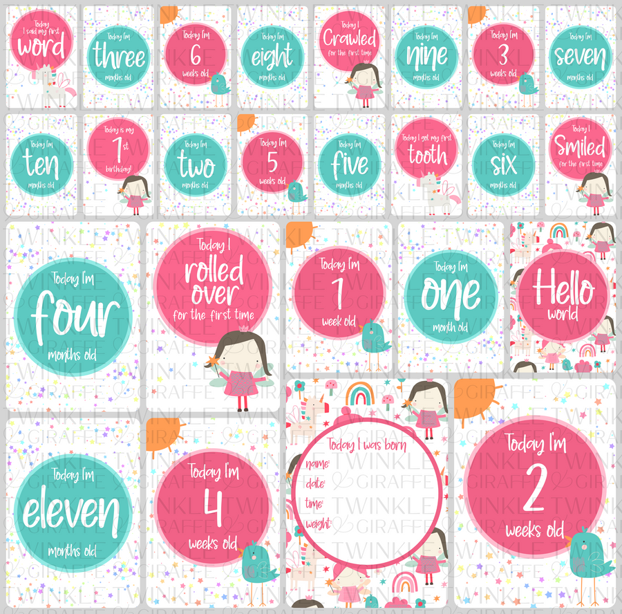 Fairies and Unicorns Baby Milestone Cards - Set of 25