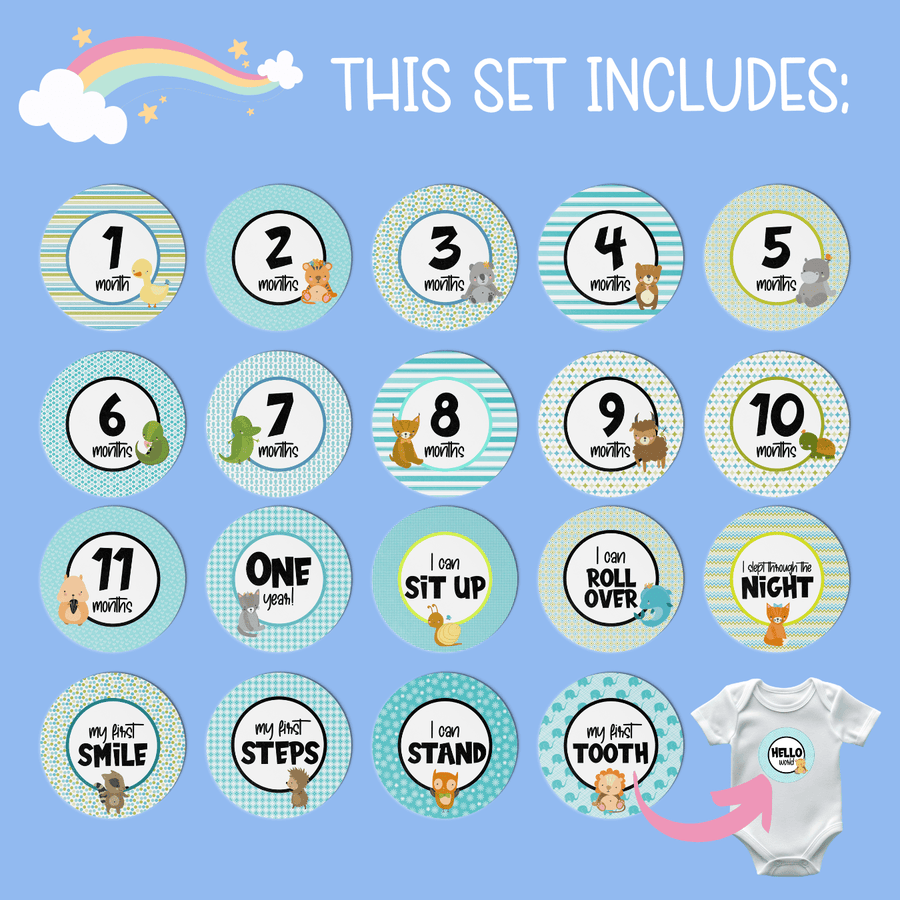 Blue Animals Milestone Stickers - Twinkle and Giraffe Designs