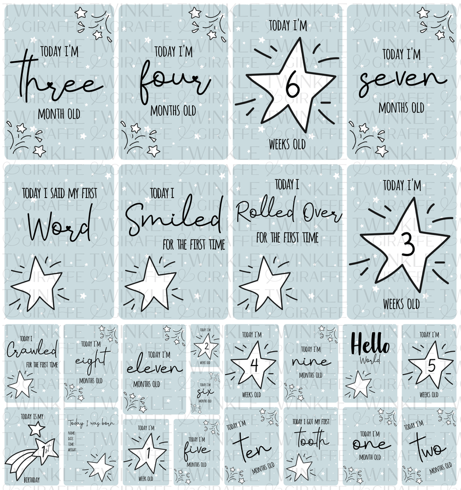 Blue Twinkle Stars Baby Milestone Cards Set of 25 - Twinkle and Giraffe Designs