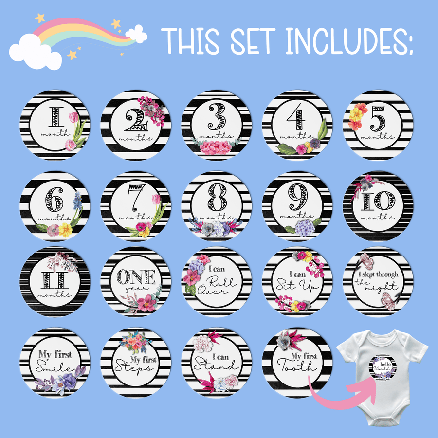 B&W Stripes and Flowers Milestone Stickers - Twinkle and Giraffe Designs
