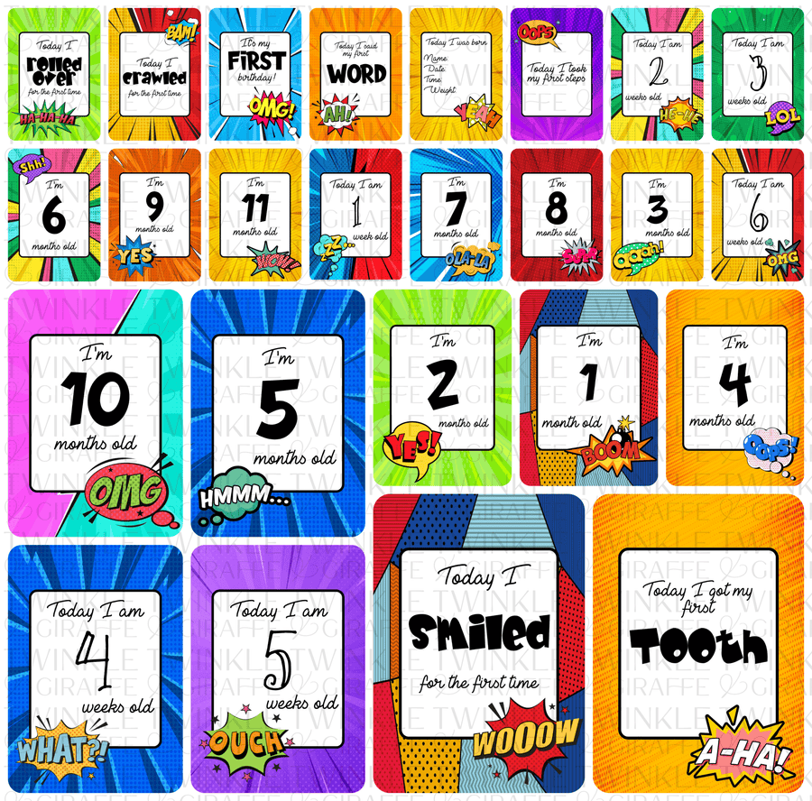 Comic Baby Milestone Cards - Set of 25 - Twinkle and Giraffe Designs