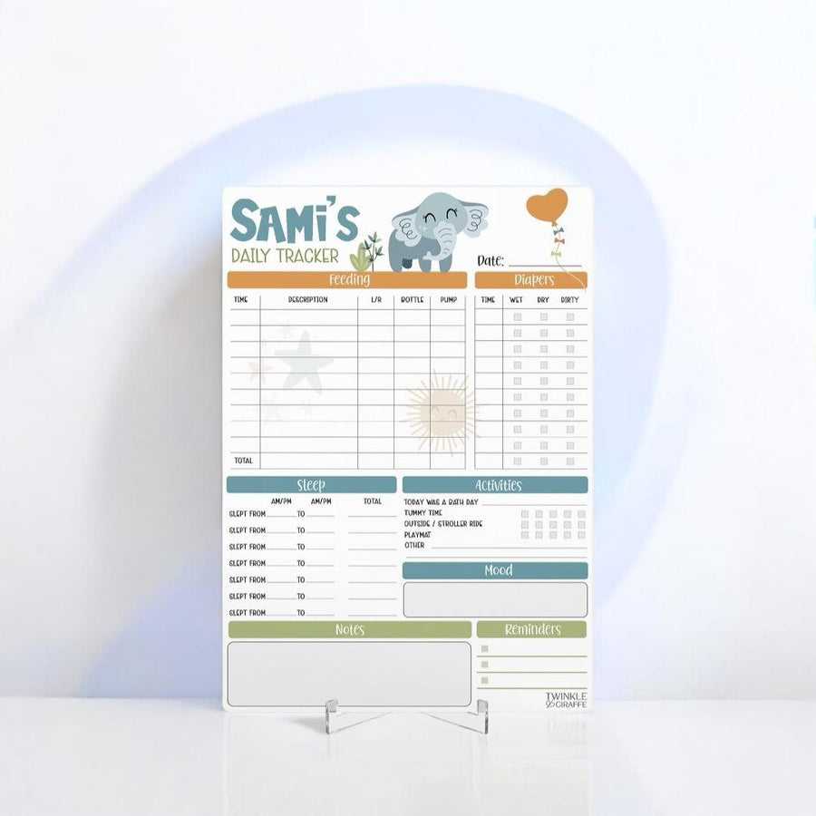 Elephant Baby Daily Tracker - Personalised Infant Care Chart - Twinkle and Giraffe Designs
