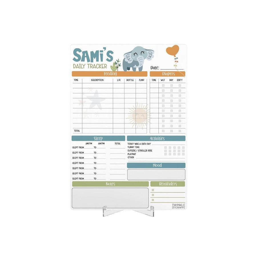 Elephant Baby Daily Tracker - Personalised Infant Care Chart - Twinkle and Giraffe Designs