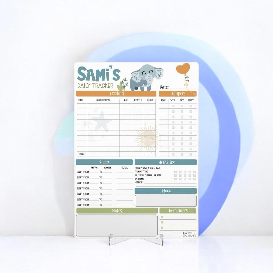 Elephant Baby Daily Tracker - Personalised Infant Care Chart - Twinkle and Giraffe Designs