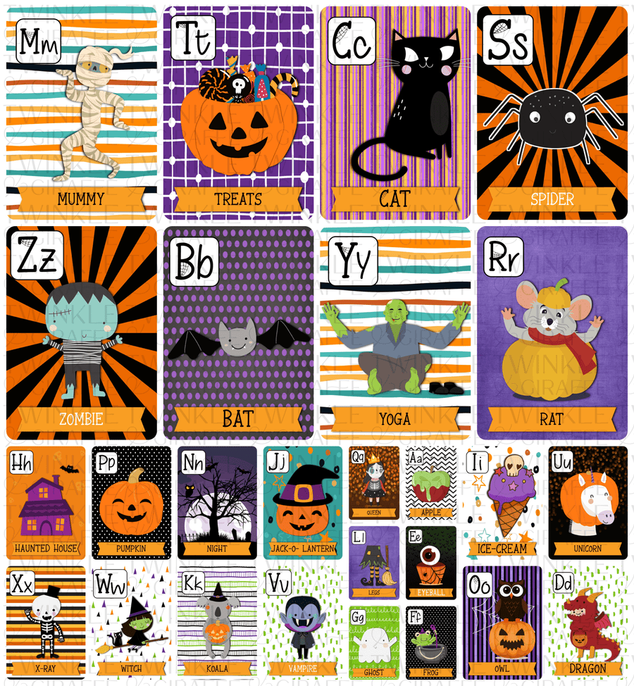 English Alphabet Cards - Halloween Edition - Twinkle and Giraffe Designs