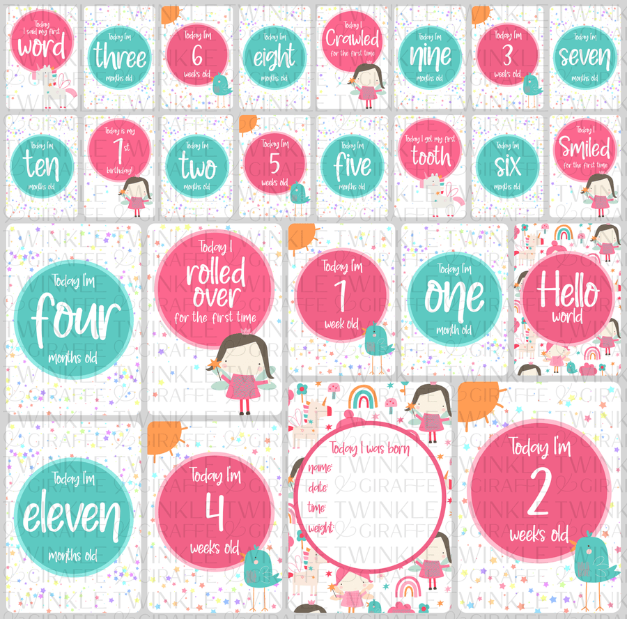 Fairies and Unicorns Baby Milestone Cards - Set of 25 - Twinkle and Giraffe Designs