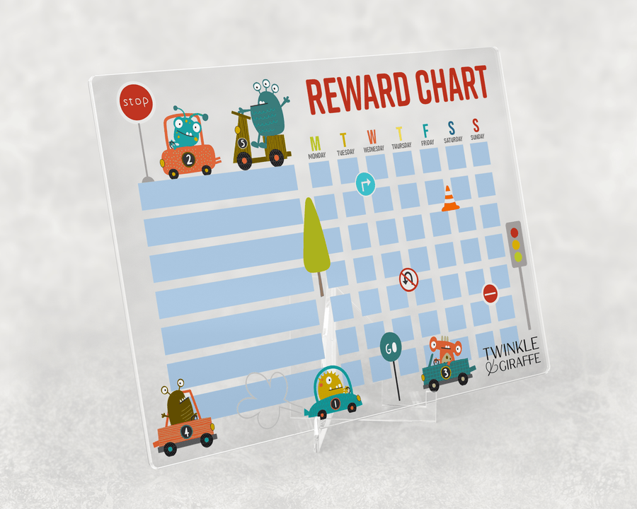 Little Racer Monsters Acrylic Reward Chart, Personalized Chore Chart, Acrylic Chore Chart, Kids Responsibility Chat, Dry Erase Chore Chart - Twinkle and Giraffe Designs