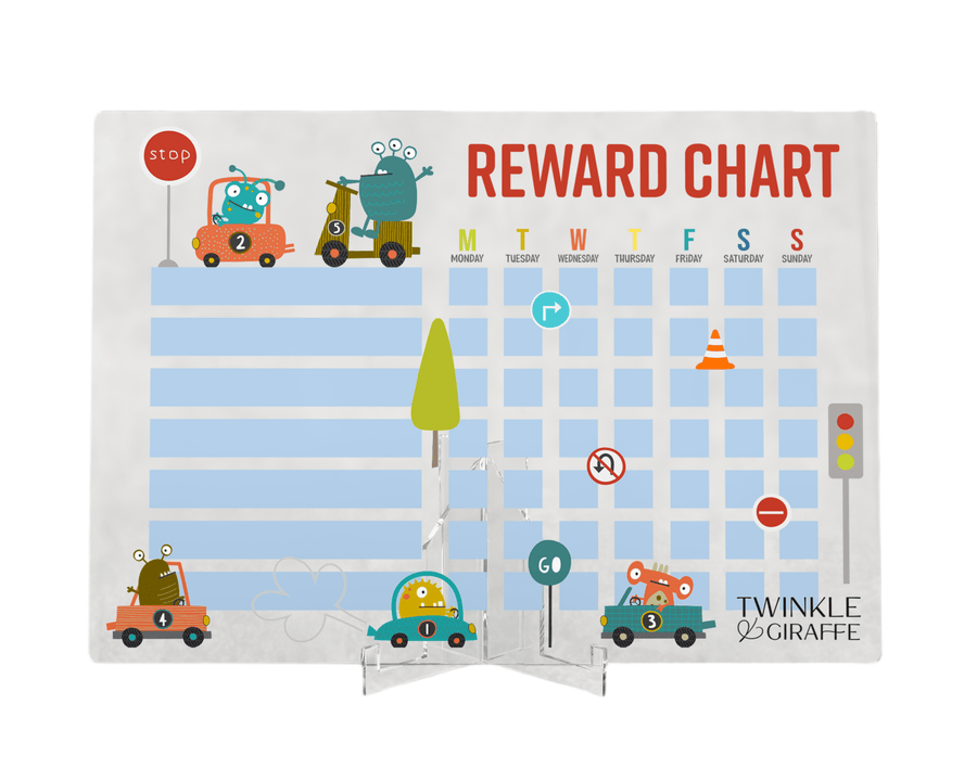 Little Racer Monsters Acrylic Reward Chart, Personalized Chore Chart, Acrylic Chore Chart, Kids Responsibility Chat, Dry Erase Chore Chart - Twinkle and Giraffe Designs