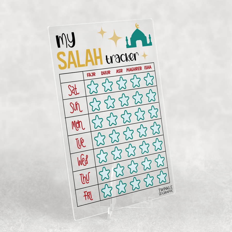 My Salah Tracker – Acrylic Prayer Chart for Kids (Blue Stars Design) - Twinkle and Giraffe Designs