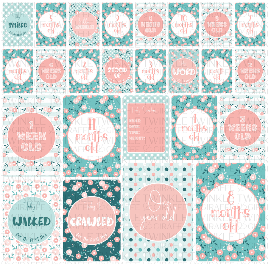 Pastel Flowers Baby Milestone Cards - Set of 25 - Twinkle and Giraffe Designs
