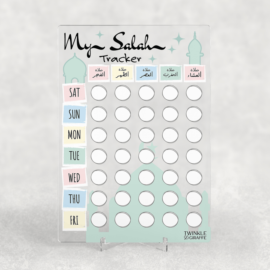 Pastel Salah Tracker – Acrylic Prayer Chart for Kids - Twinkle and Giraffe Designs