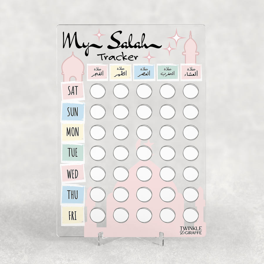 Pastel Salah Tracker – Acrylic Prayer Chart for Kids - Twinkle and Giraffe Designs