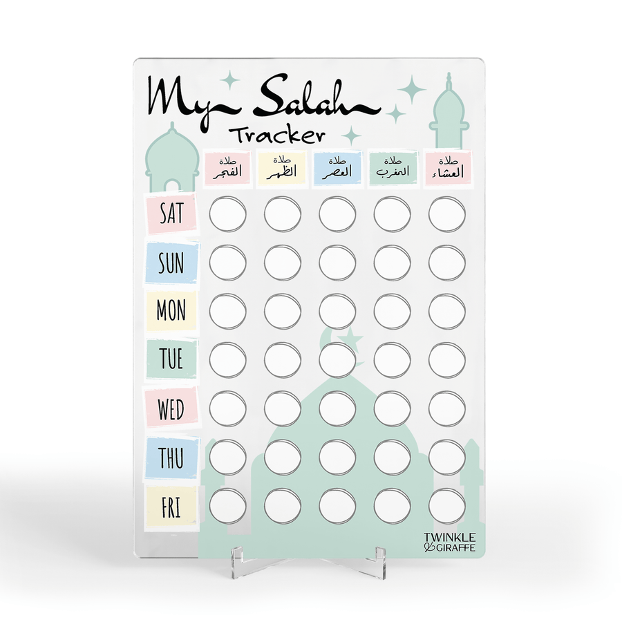 Pastel Salah Tracker – Acrylic Prayer Chart for Kids - Twinkle and Giraffe Designs