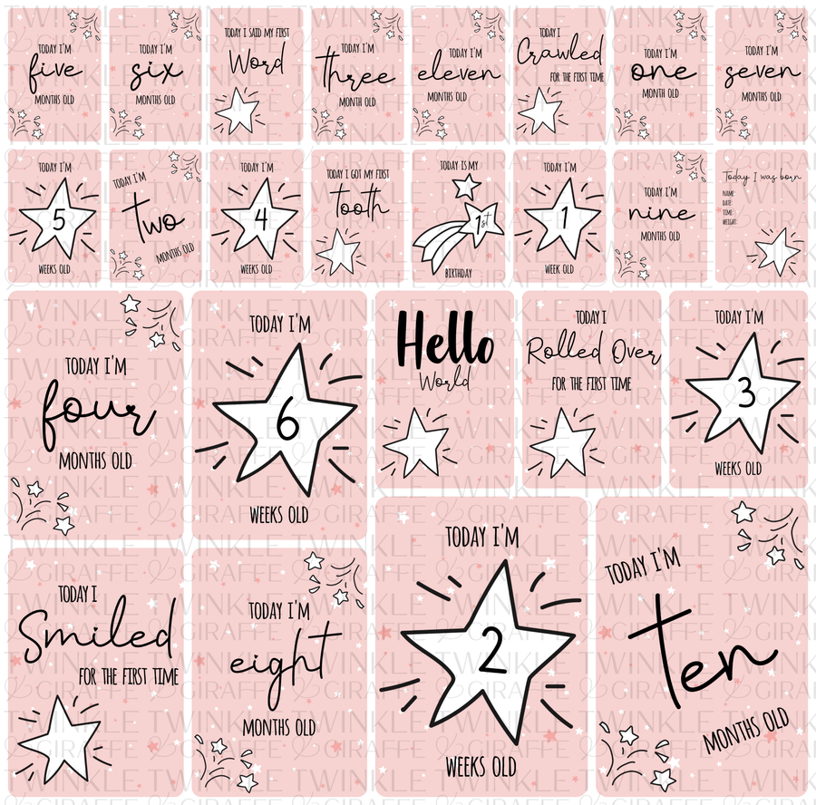 Pink Twinkle Stars Baby Milestone Cards - Set of 25 - Twinkle and Giraffe Designs