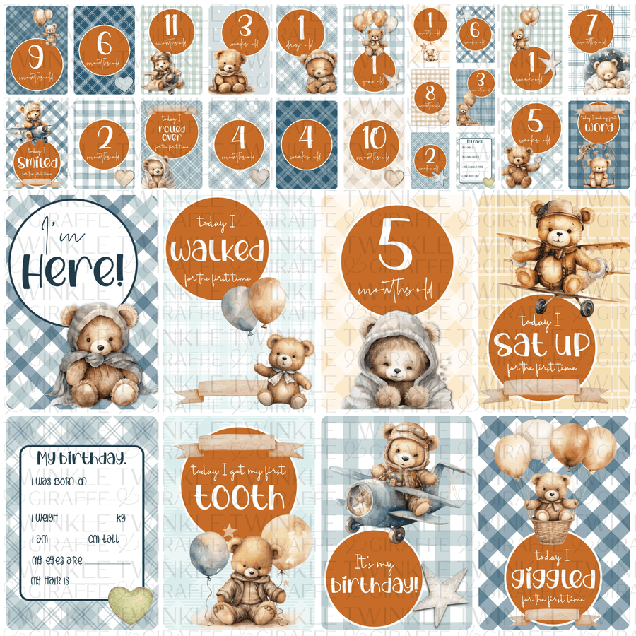 Teddy Bear Baby Milestone Cards - Set of 30 - Twinkle and Giraffe Designs