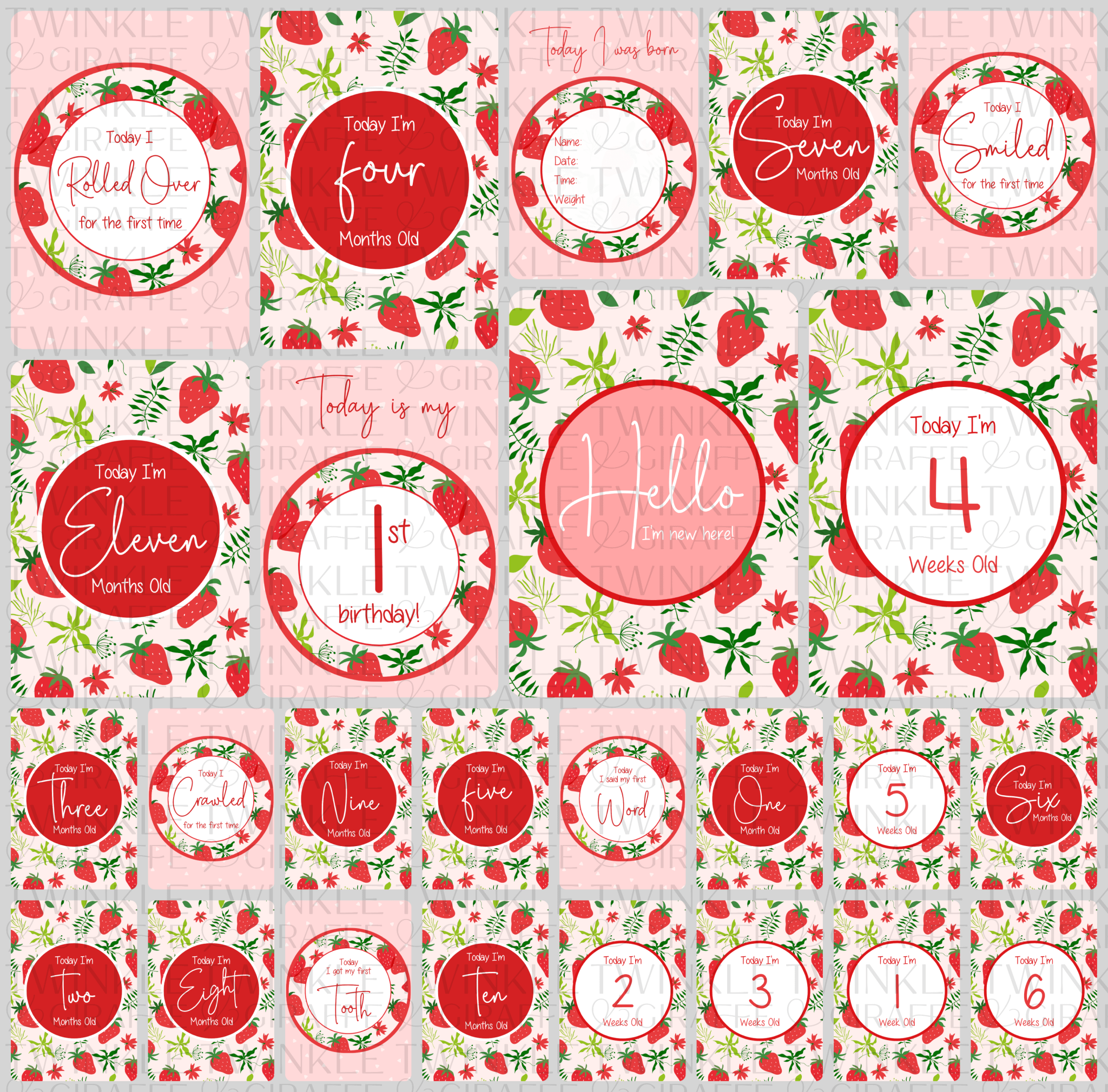 Twinkle Cafe ストロベリーミルクメモ帳 Twinkle Strawberry Baby Milestone Cards - Set of 25 | Twinkle and G