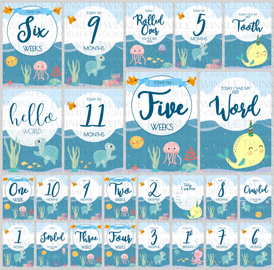 Under the Sea Baby Milestone Cards - Set of 25 - Twinkle and Giraffe Designs