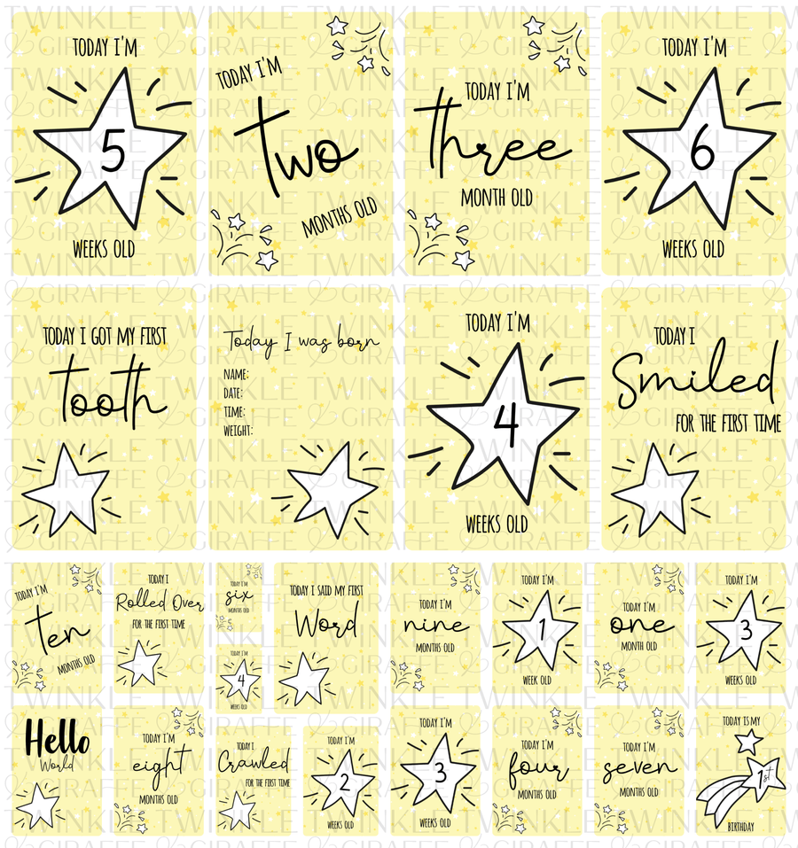 Yellow Twinkle Stars Baby Milestone Cards - Set of 25 - Twinkle and Giraffe Designs