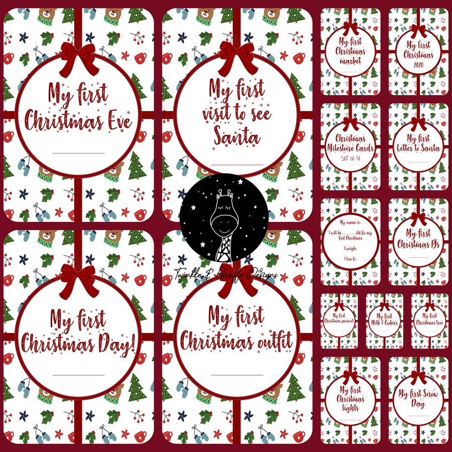 1st Christmas Baby Milestone Cards - Set of 14 - Twinkle and Giraffe Designs