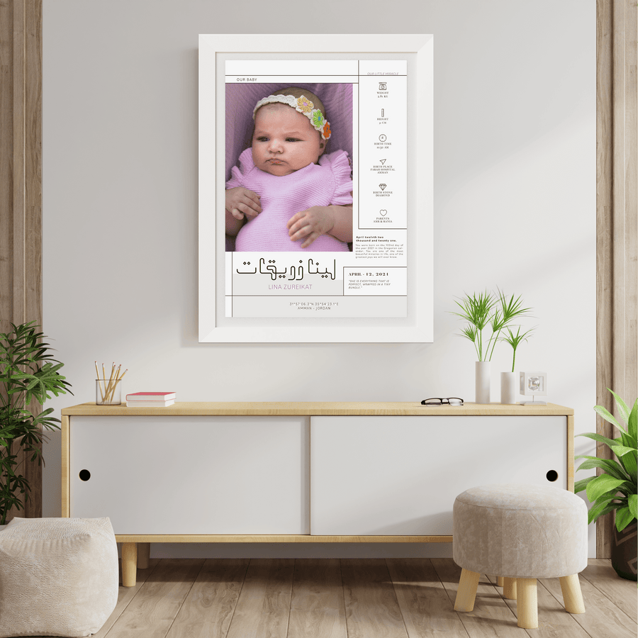 Arabic Birth Details Baby Girl Poster, New Baby Gift Personalised, New Baby Print, Christening Gift, Birth Details Print, Birth Stats, Modern Nursery Decor - Twinkle and Giraffe Designs