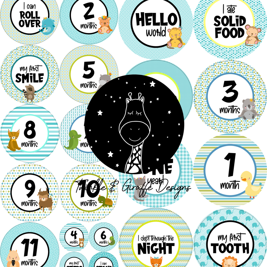 Blue Animals Milestone Stickers - Twinkle and Giraffe Designs