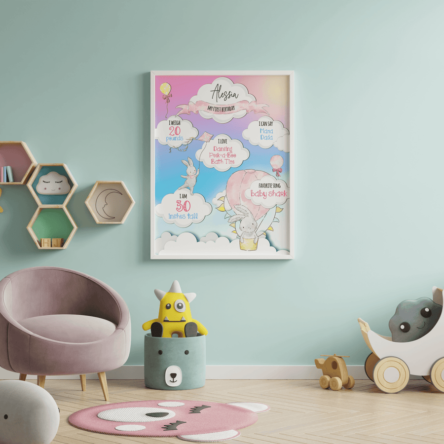 Bunny on a Cloud 1st Birthday Milestone Poster - Twinkle and Giraffe Designs