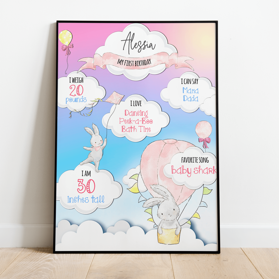Bunny on a Cloud 1st Birthday Milestone Poster - Twinkle and Giraffe Designs