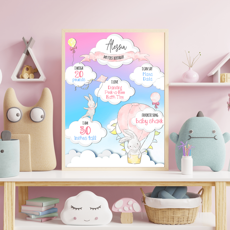 Bunny on a Cloud 1st Birthday Milestone Poster - Twinkle and Giraffe Designs