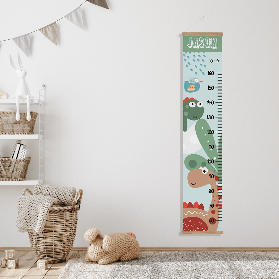 Curious Dinosaur Wall Height Chart Print on Canvas with Poster Hanger - Twinkle and Giraffe Designs