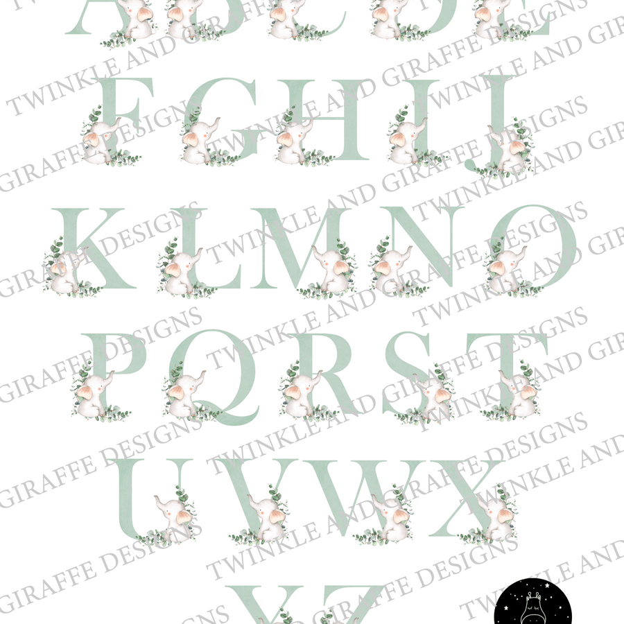 Cute Elephant Alphabet Letter Poster & Hanger - Twinkle and Giraffe Designs