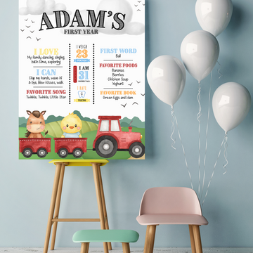 Cute Farm Animals 1st Year Milestone Board Poster - Twinkle and Giraffe Designs