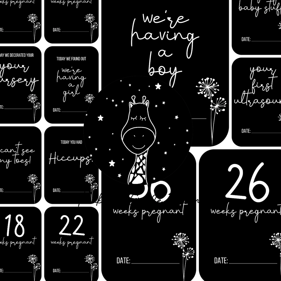 Dandelion in Black Pregnancy Milestone Cards - Set of 30 - Twinkle and Giraffe Designs