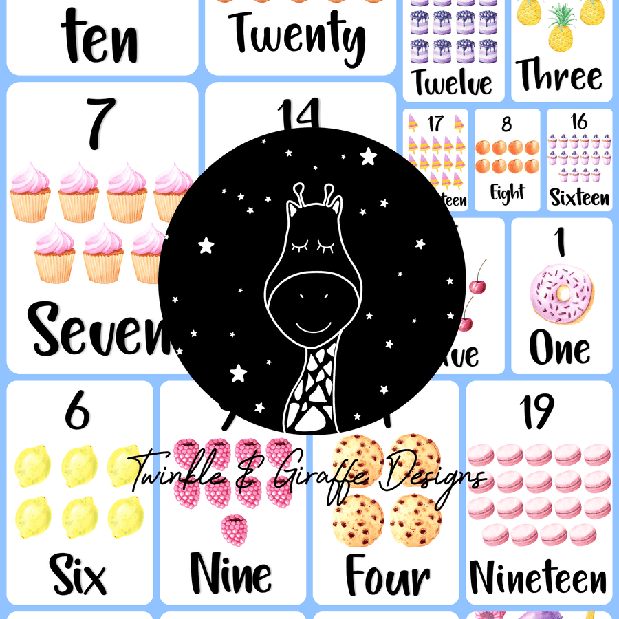 English Numbers 1 - 20 Flashcards - Twinkle and Giraffe Designs