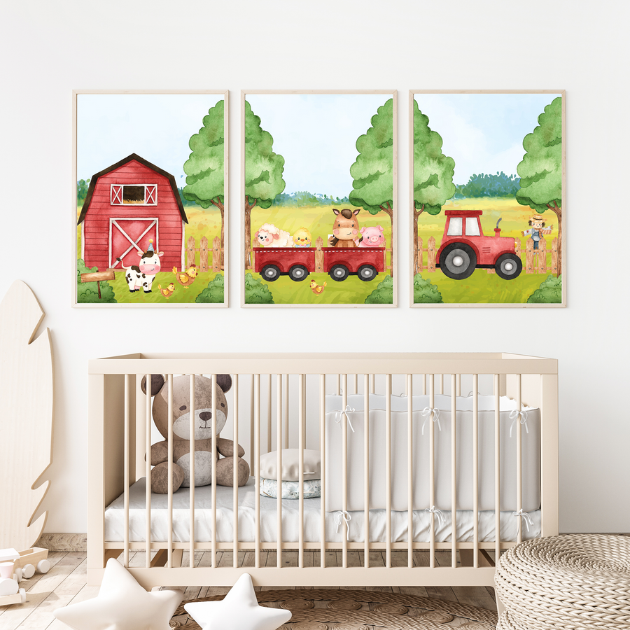 Farm Animals Nursery Decor Poster Art Print - Set of 3 - Twinkle and Giraffe Designs