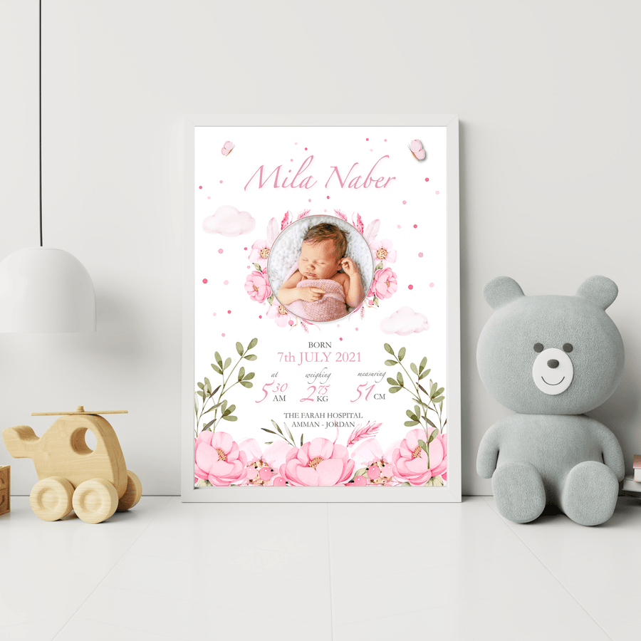 Floral Birth Details Baby Girl Poster - Twinkle and Giraffe Designs