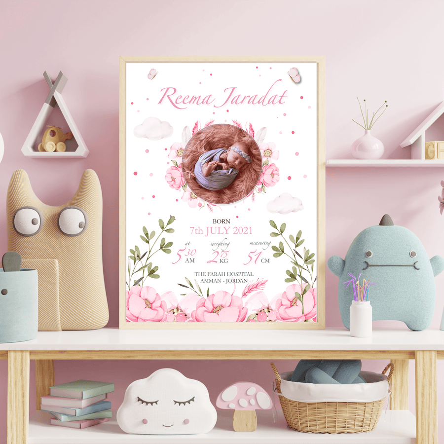 Floral Birth Details Baby Girl Poster - Twinkle and Giraffe Designs