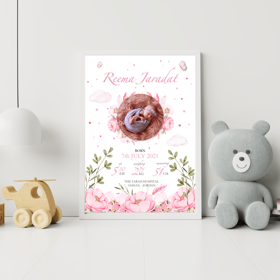 Floral Birth Details Baby Girl Poster - Twinkle and Giraffe Designs