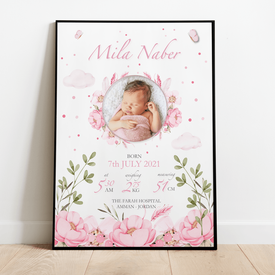 Floral Birth Details Baby Girl Poster - Twinkle and Giraffe Designs