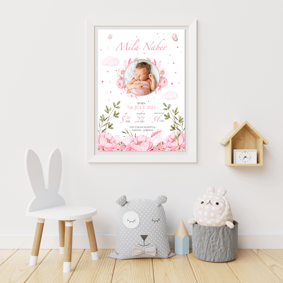 Floral Birth Details Baby Girl Poster - Twinkle and Giraffe Designs