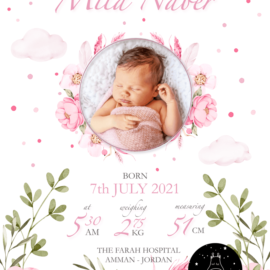Floral Birth Details Baby Girl Poster - Twinkle and Giraffe Designs