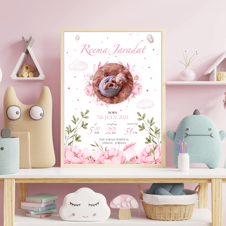 Floral Birth Details Baby Girl Poster, New Baby Gift Personalised - Twinkle and Giraffe Designs