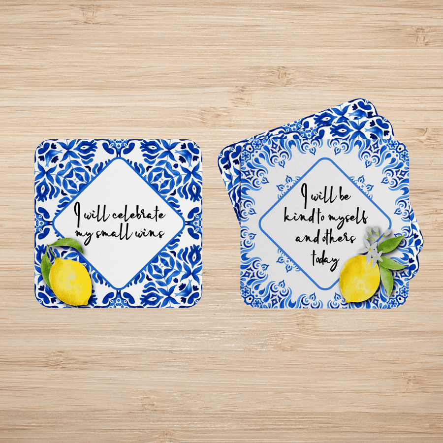 Mediterranean Blue Tiles and Lemons Affirmation Cards - Set of 20 - Twinkle and Giraffe Designs