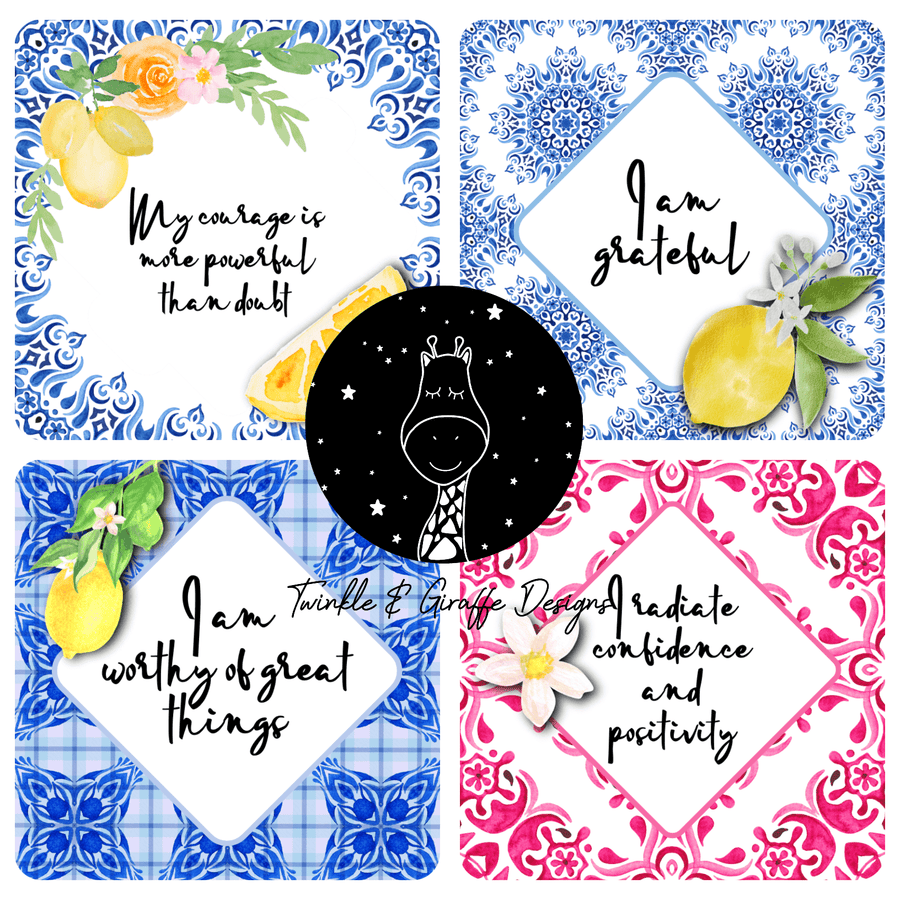 Mediterranean Blue Tiles and Lemons Affirmation Cards - Set of 20 - Twinkle and Giraffe Designs
