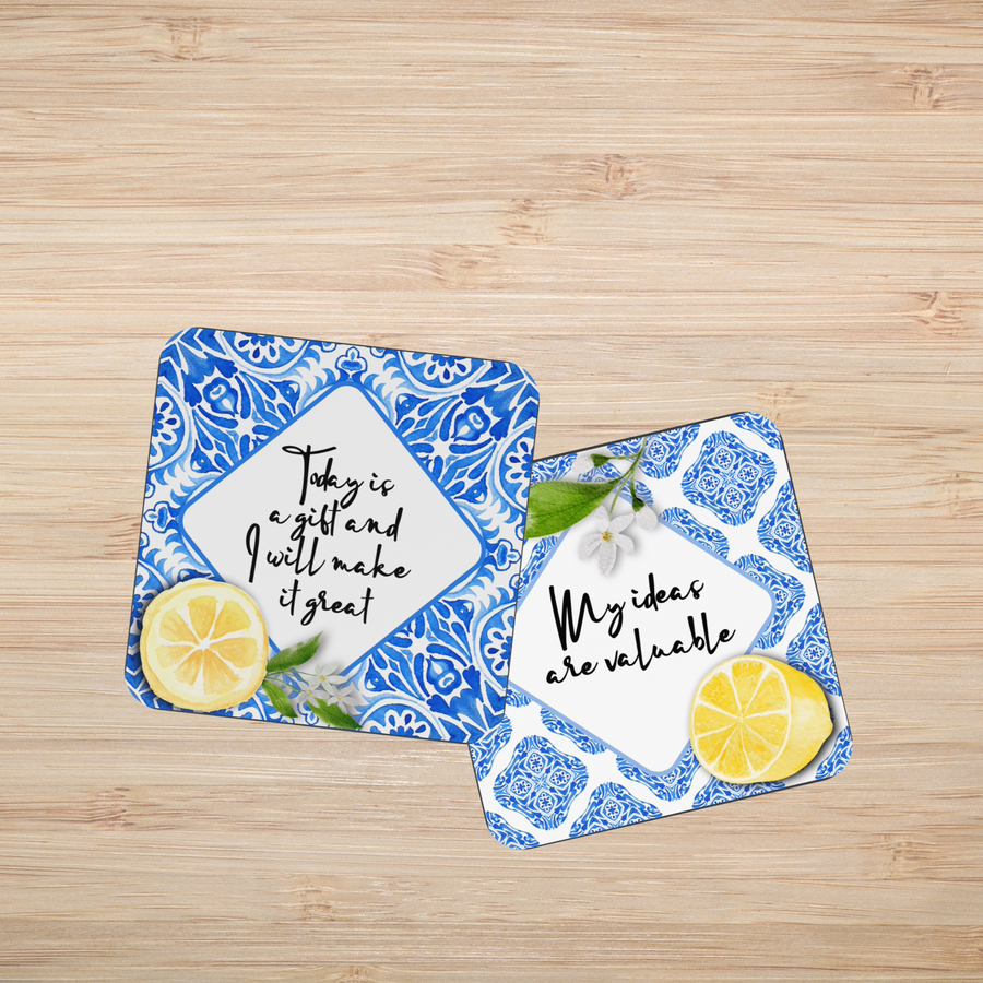 Mediterranean Blue Tiles and Lemons Affirmation Cards - Set of 20 - Twinkle and Giraffe Designs