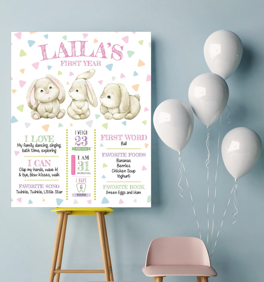Personalized Baby Bunny 1st Year Milestone Board Poster - Twinkle and Giraffe Designs