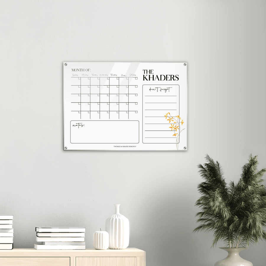 Personalized Family Calendar, Delicate Yellow Flower Monthly Calendar, Acrylic Print Family Calendar Planner - Twinkle and Giraffe Designs