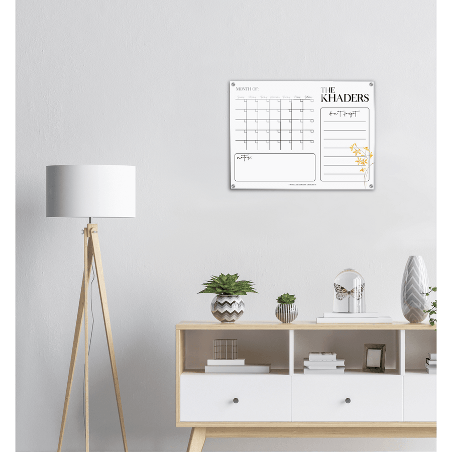 Personalized Family Calendar, Delicate Yellow Flower Monthly Calendar, Acrylic Print Family Calendar Planner - Twinkle and Giraffe Designs